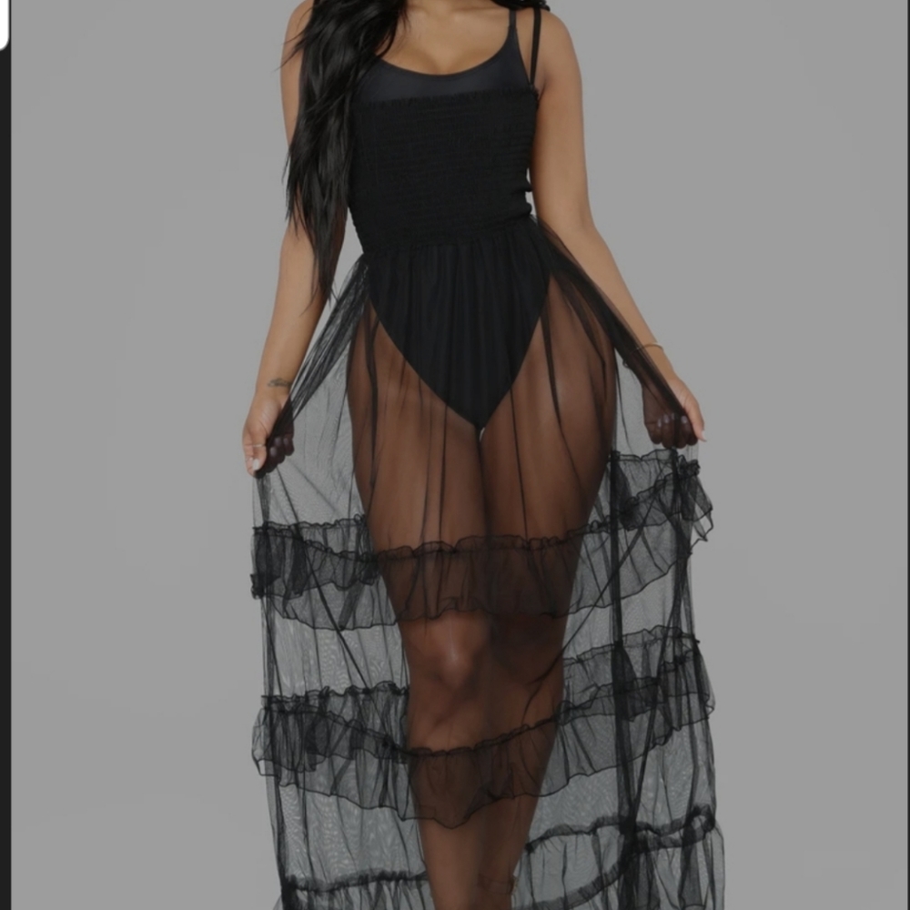 Plus Size FashionNova Black Sheer Ruffle Dress